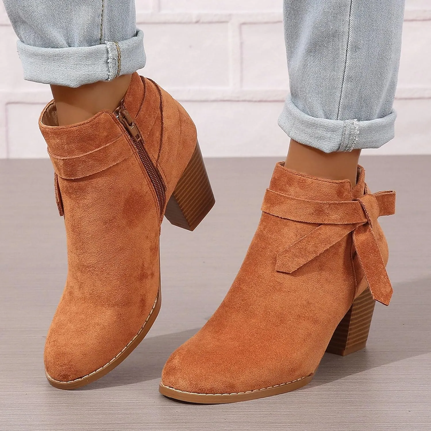 AMDBEL Fall Boots for Women 2024, Women's Ankle Boots Tie Knot Chelsea Pump Boots Closed Toe Stacked Heel Booties Shoes