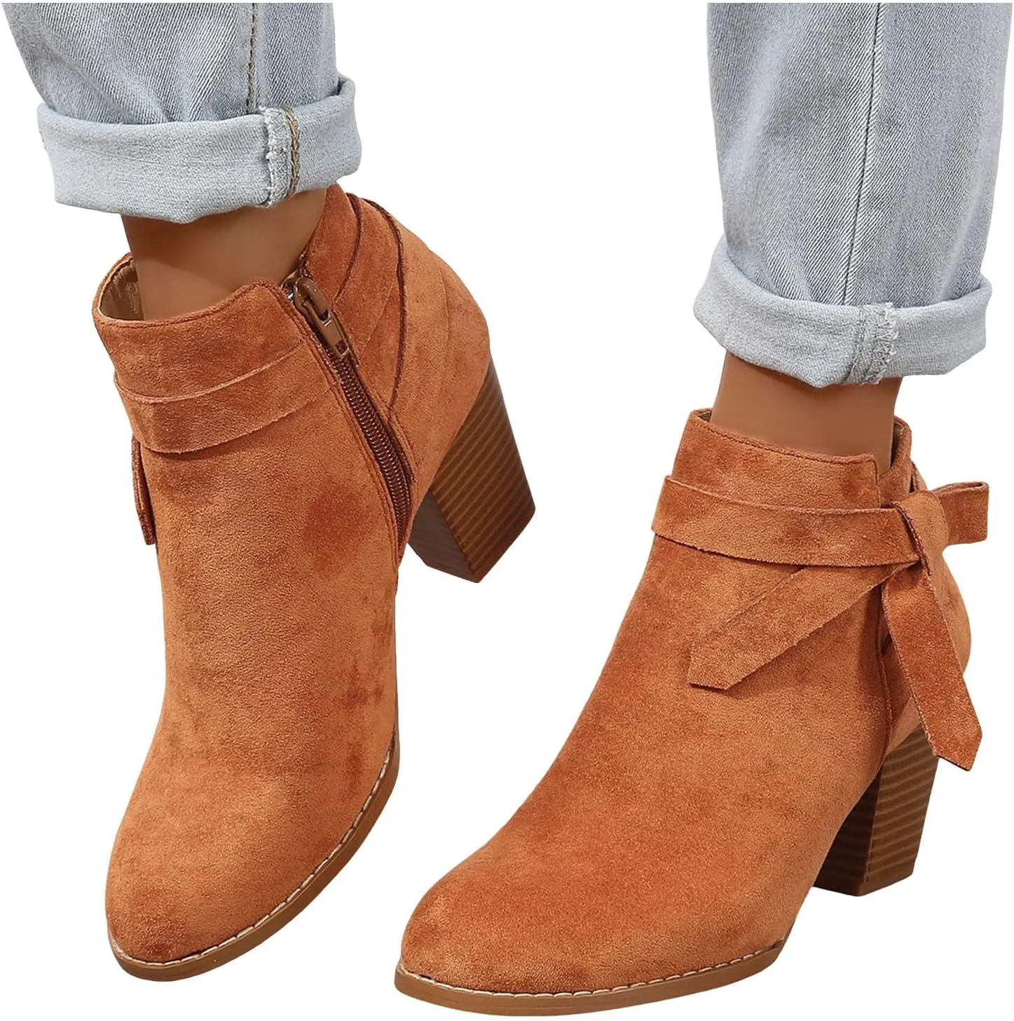 AMDBEL Fall Boots for Women 2024, Women's Ankle Boots Tie Knot Chelsea Pump Boots Closed Toe Stacked Heel Booties Shoes