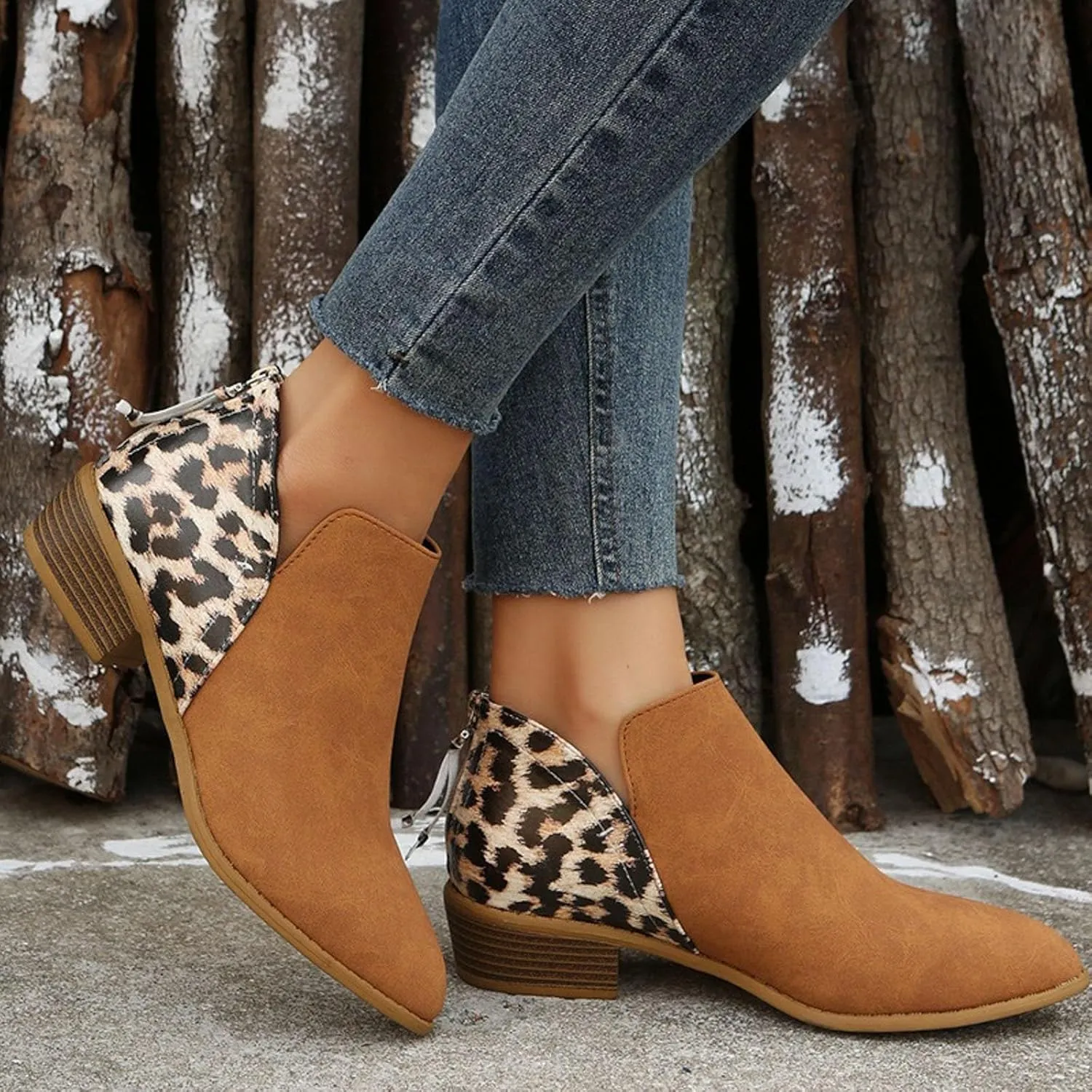 AMDBEL Winter Boots for Women 2024 Ankle Boots Round Toe Leopard Print Side Zipper Short Boot Winter Walking Shoes