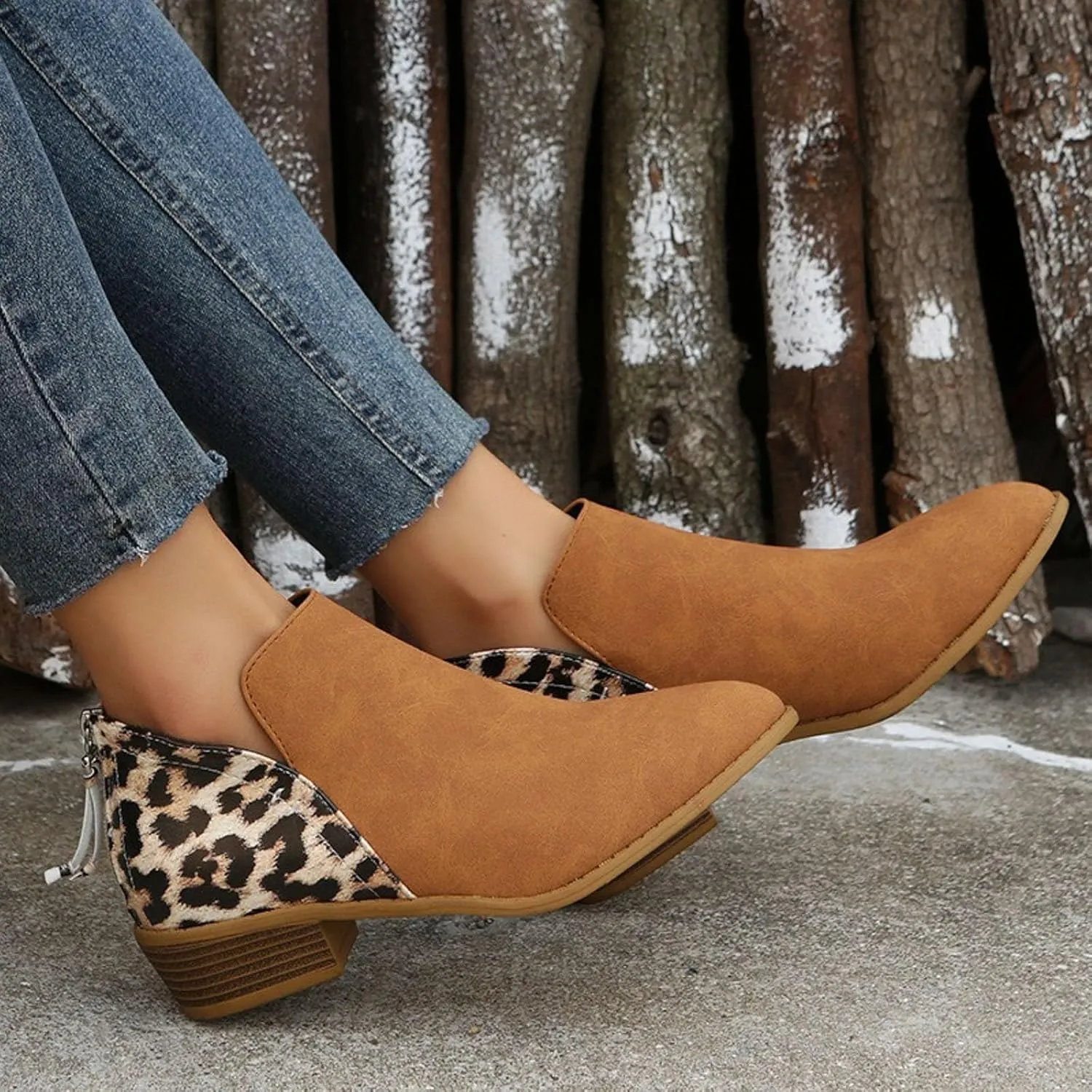 AMDBEL Winter Boots for Women 2024 Ankle Boots Round Toe Leopard Print Side Zipper Short Boot Winter Walking Shoes