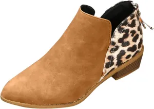AMDBEL Winter Boots for Women 2024 Ankle Boots Round Toe Leopard Print Side Zipper Short Boot Winter Walking Shoes