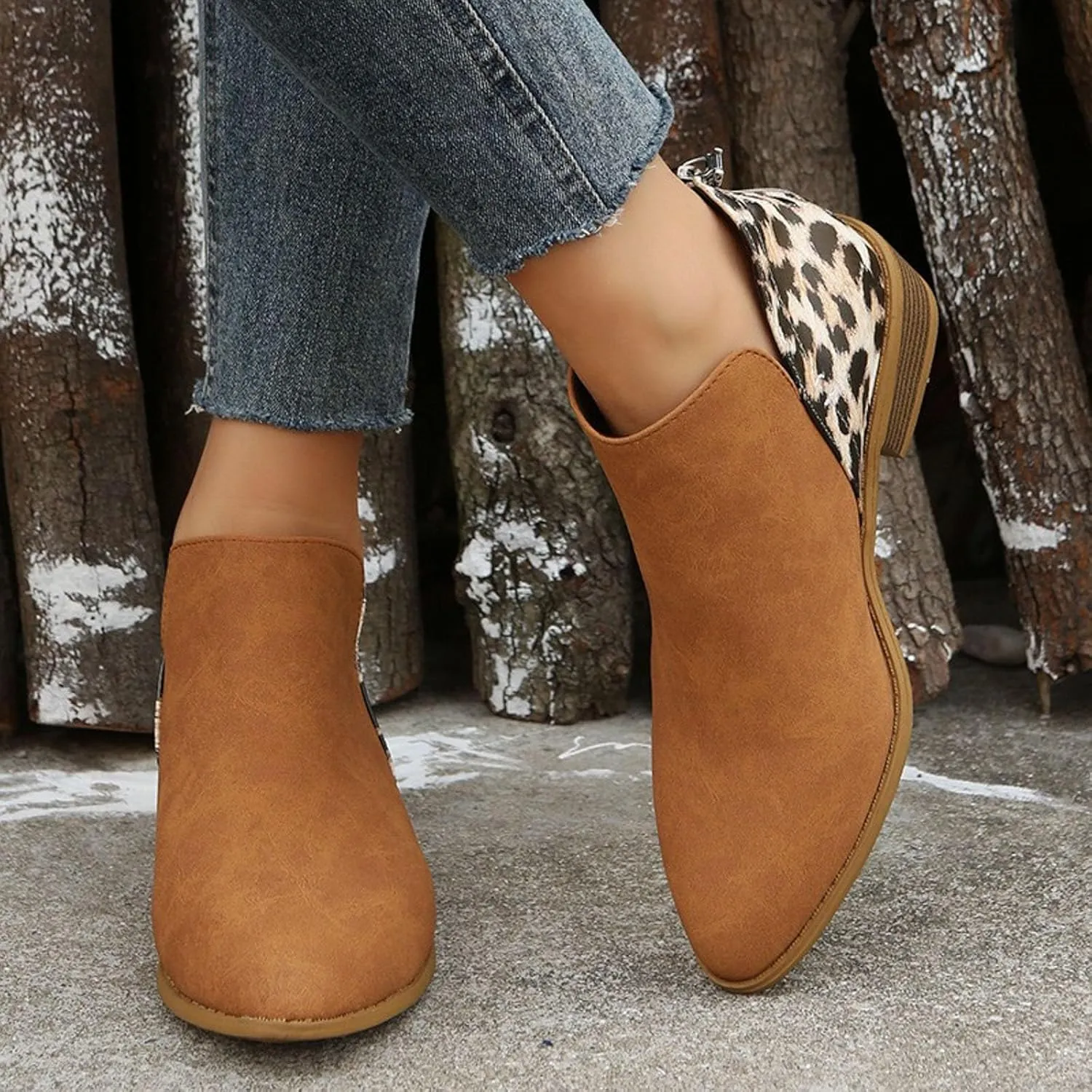 AMDBEL Winter Boots for Women 2024 Ankle Boots Round Toe Leopard Print Side Zipper Short Boot Winter Walking Shoes