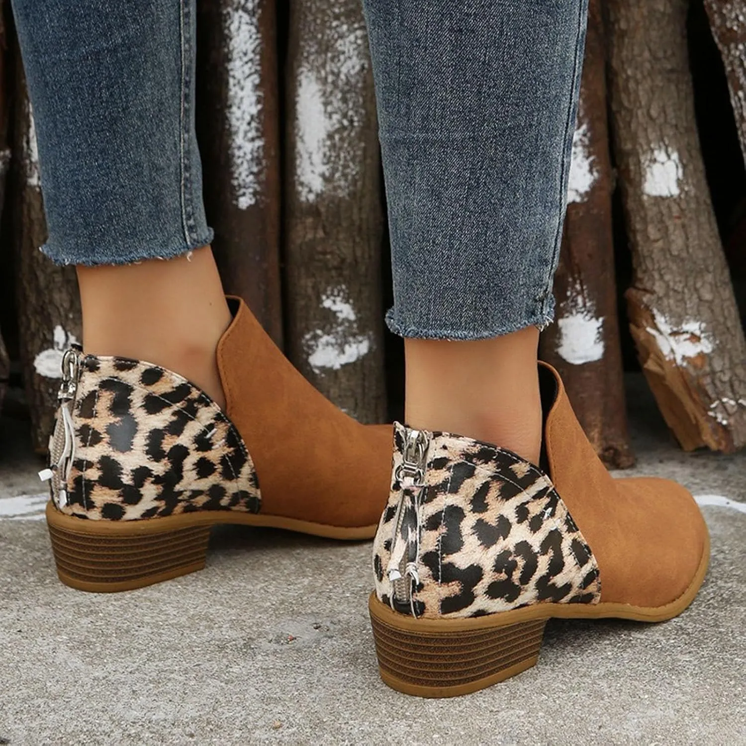 AMDBEL Winter Boots for Women 2024 Ankle Boots Round Toe Leopard Print Side Zipper Short Boot Winter Walking Shoes