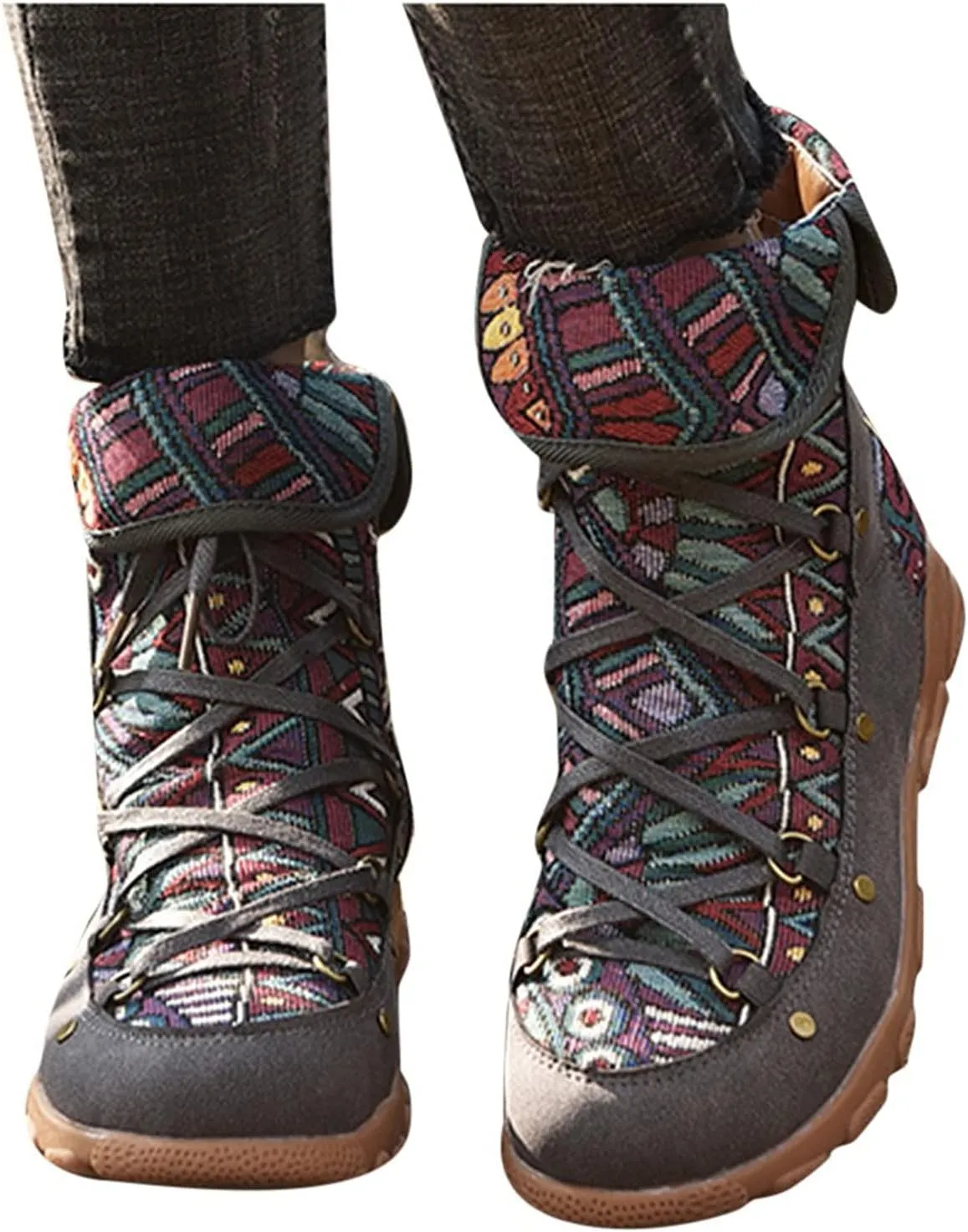 AMDBEL Womens Boots Ankle, Women's Ankle Boots Low Heel Lace Up Short Boots Bohemian Winter Vintage Booties Shoes