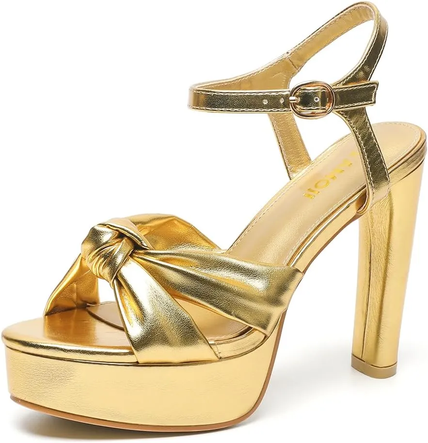 Amoji Women 4 Inch Block Platform Heels Braid Knot Lady Heeled Sandals FZ322