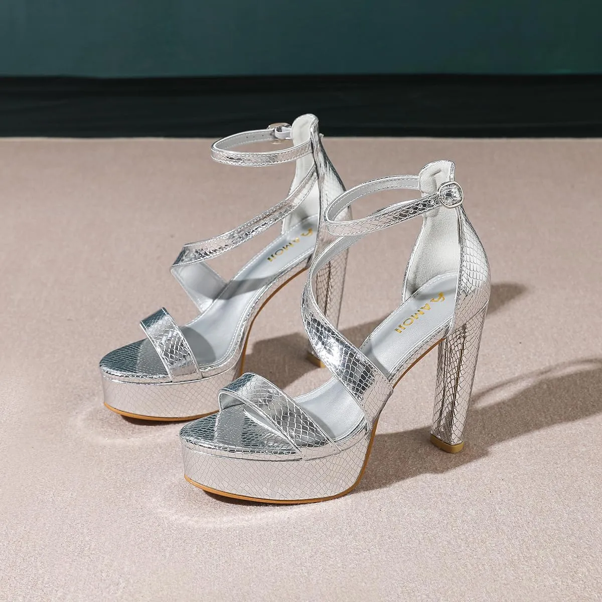Amoji Women's Block Heels 4 Inch Platform Ankle Strap Lady Heeled Sandals FZ325