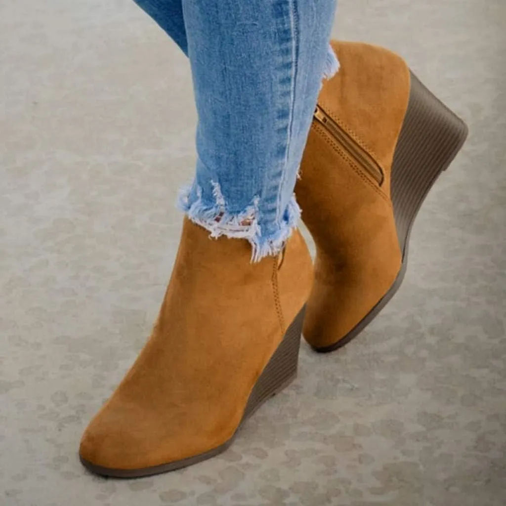 Ankle Booties for Women,Wedges Ankle Booties Retro V Cutout Comfy Short Boots Chunky Block Heels Shoes