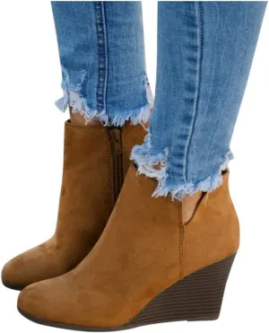 Ankle Booties for Women,Wedges Ankle Booties Retro V Cutout Comfy Short Boots Chunky Block Heels Shoes