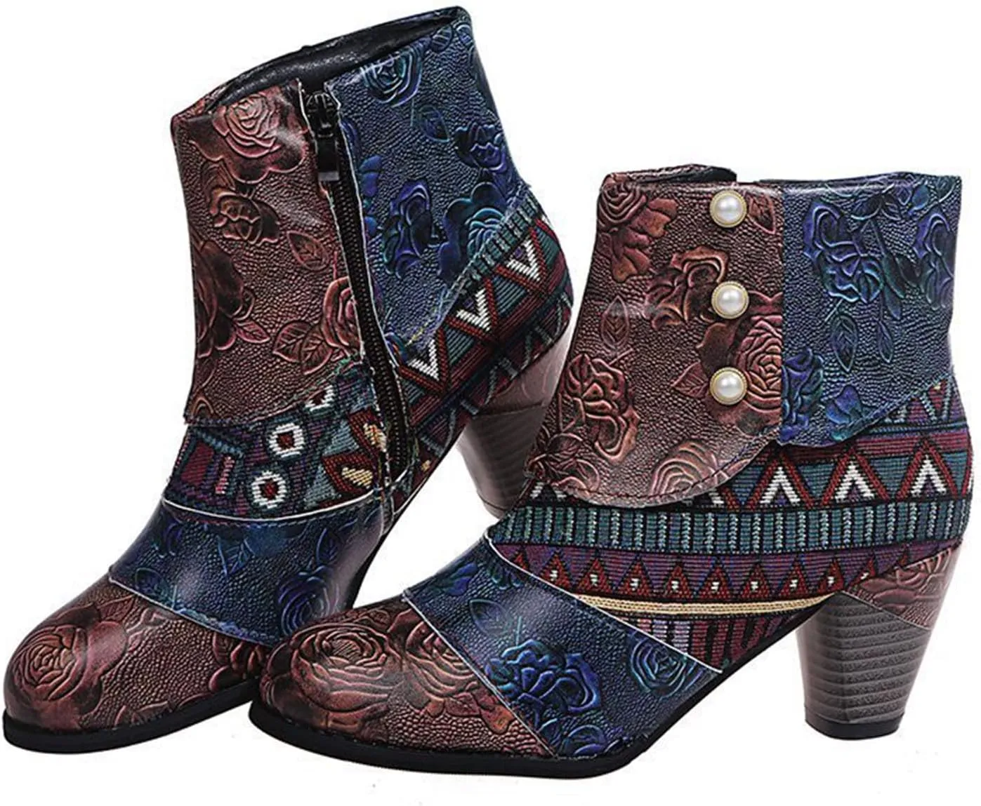 Ankle Boots Womens Ethnic Style Mid Heel Boots Vintage Patchwork Leather Boots Side Zipper Pearl Short Boots
