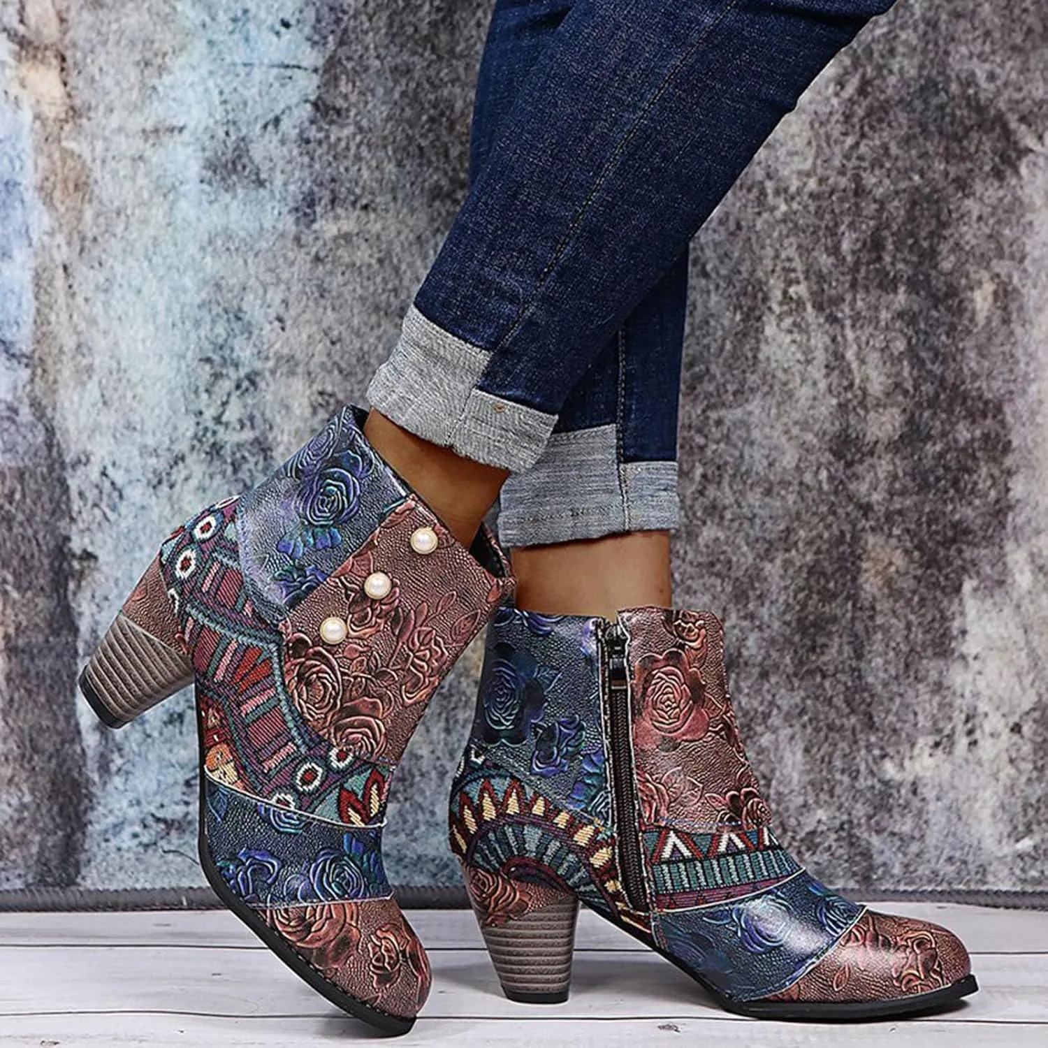 Ankle Boots Womens Ethnic Style Mid Heel Boots Vintage Patchwork Leather Boots Side Zipper Pearl Short Boots