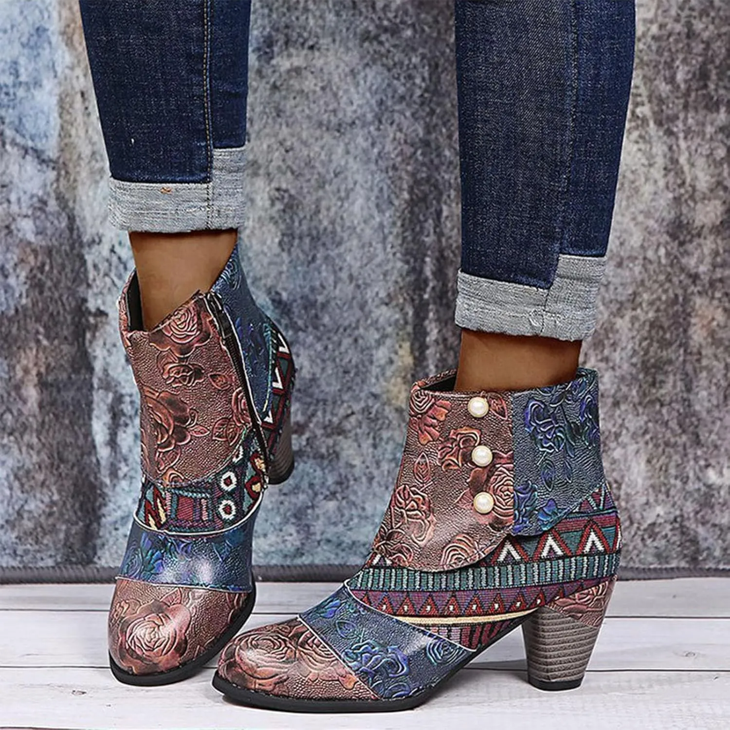 Ankle Boots Womens Ethnic Style Mid Heel Boots Vintage Patchwork Leather Boots Side Zipper Pearl Short Boots
