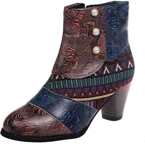 Ankle Boots Womens Ethnic Style Mid Heel Boots Vintage Patchwork Leather Boots Side Zipper Pearl Short Boots