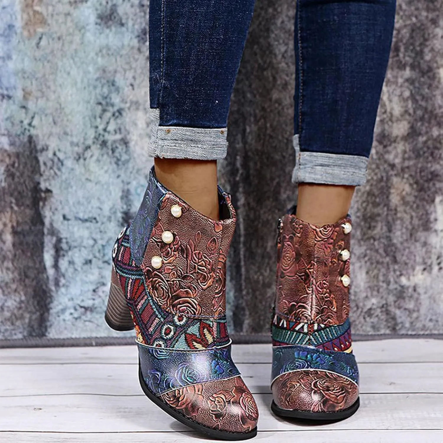 Ankle Boots Womens Ethnic Style Mid Heel Boots Vintage Patchwork Leather Boots Side Zipper Pearl Short Boots