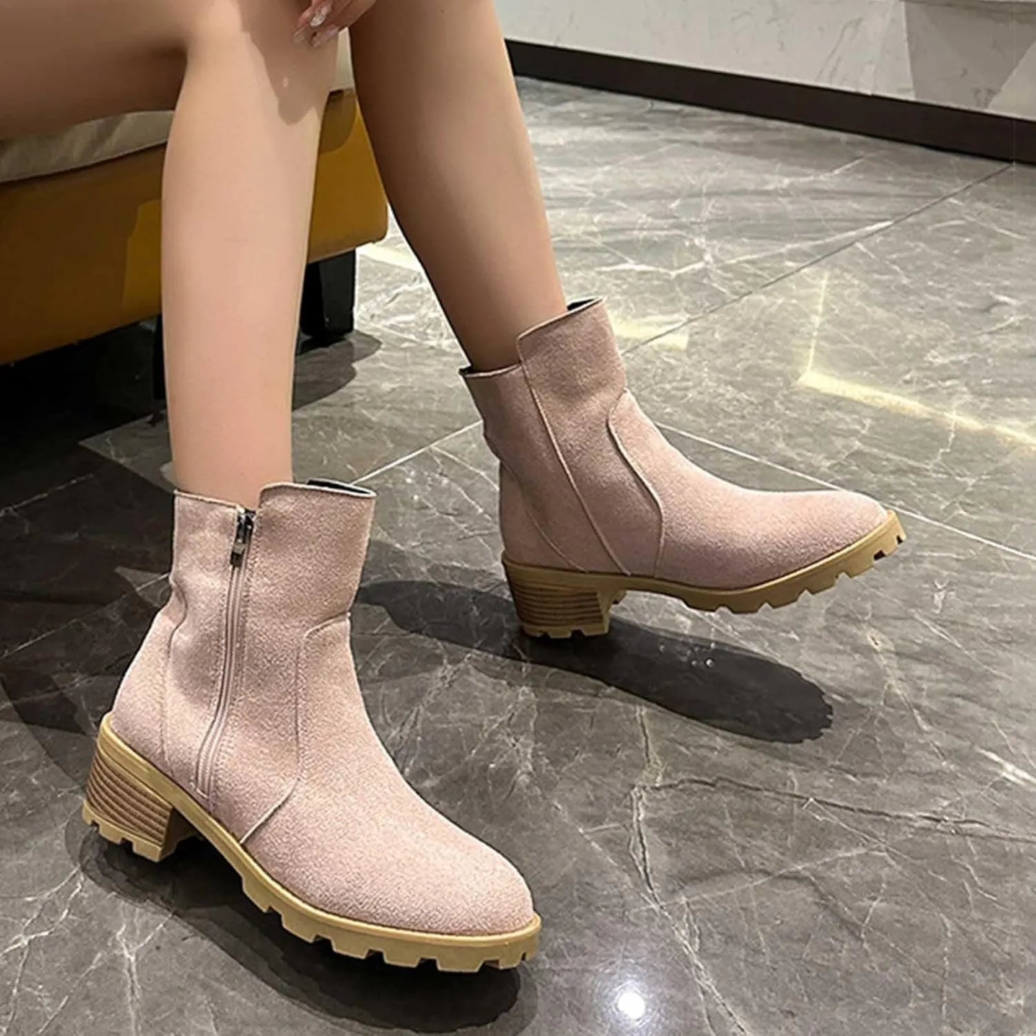 Ankle Boots Womens Retro Chunky Mid Heel Boots Outdoor Classic Fashion Boots Suede Round Toe Short Boots, 2.5