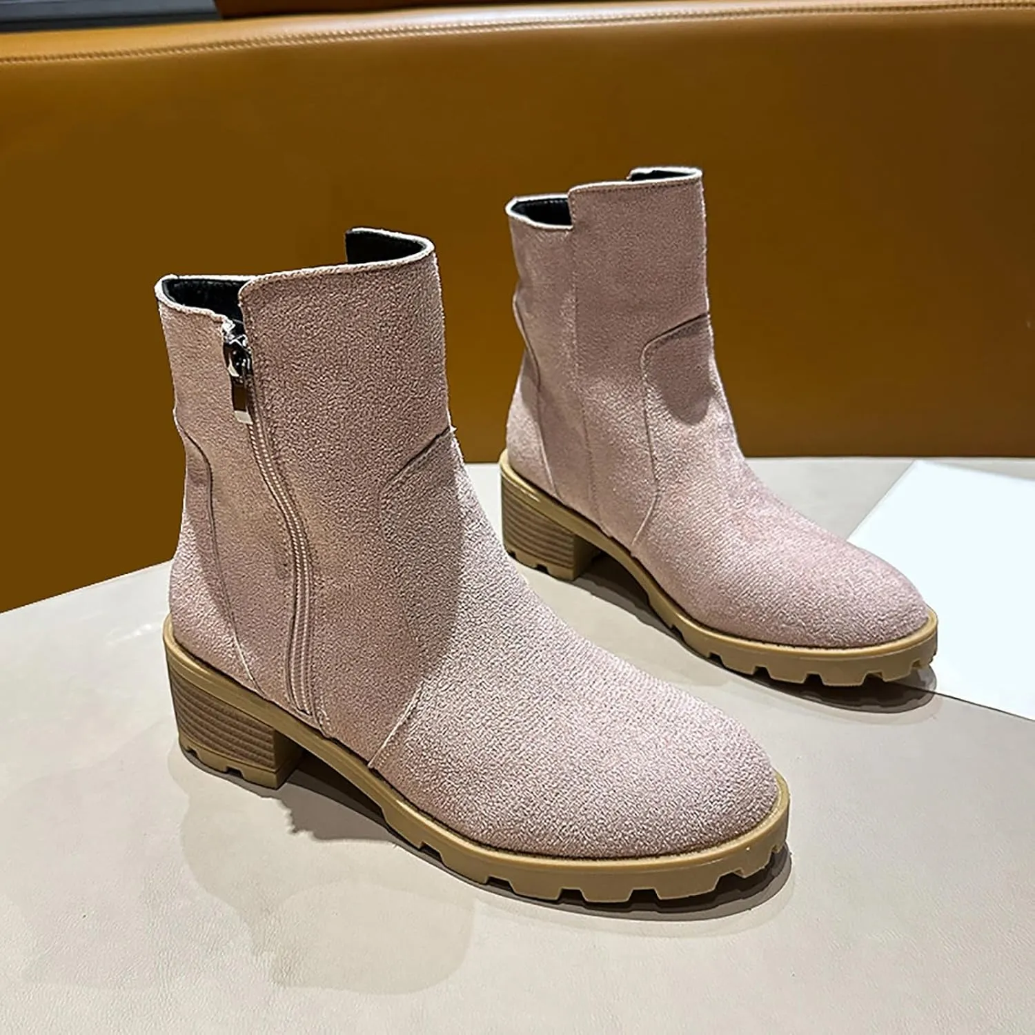 Ankle Boots Womens Retro Chunky Mid Heel Boots Outdoor Classic Fashion Boots Suede Round Toe Short Boots, 2.5
