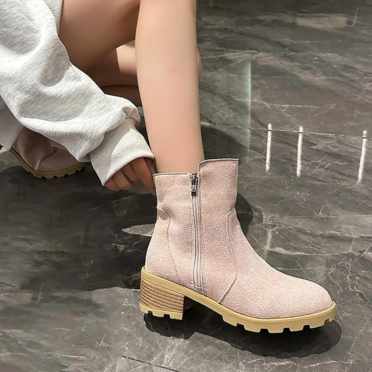 Ankle Boots Womens Retro Chunky Mid Heel Boots Outdoor Classic Fashion Boots Suede Round Toe Short Boots, 2.5