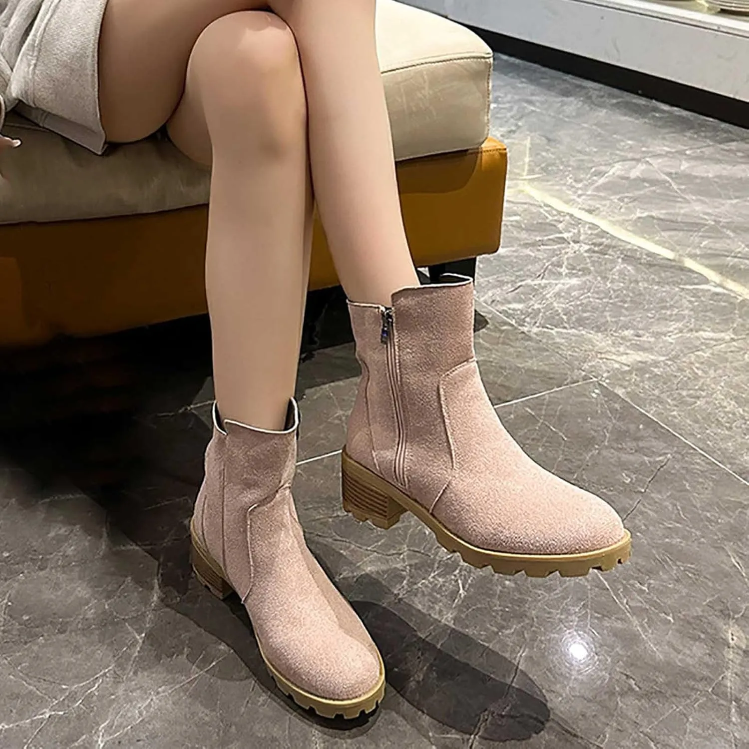 Ankle Boots Womens Retro Chunky Mid Heel Boots Outdoor Classic Fashion Boots Suede Round Toe Short Boots, 2.5