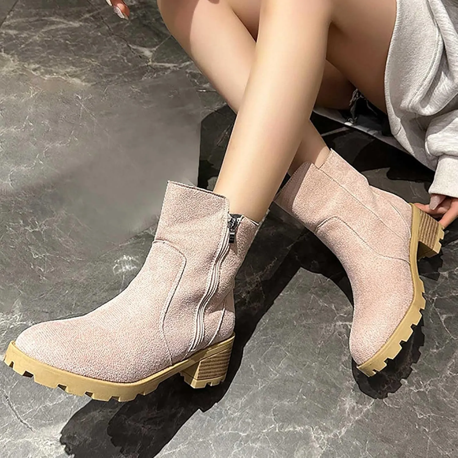 Ankle Boots Womens Retro Chunky Mid Heel Boots Outdoor Classic Fashion Boots Suede Round Toe Short Boots, 2.5
