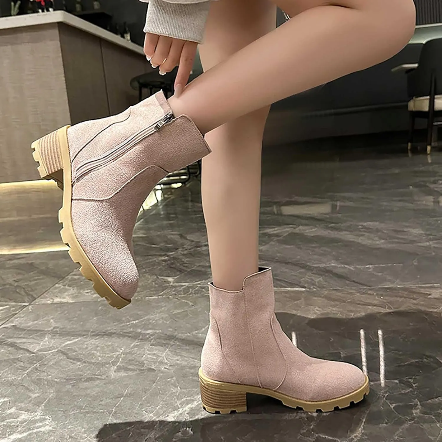 Ankle Boots Womens Retro Chunky Mid Heel Boots Outdoor Classic Fashion Boots Suede Round Toe Short Boots, 2.5