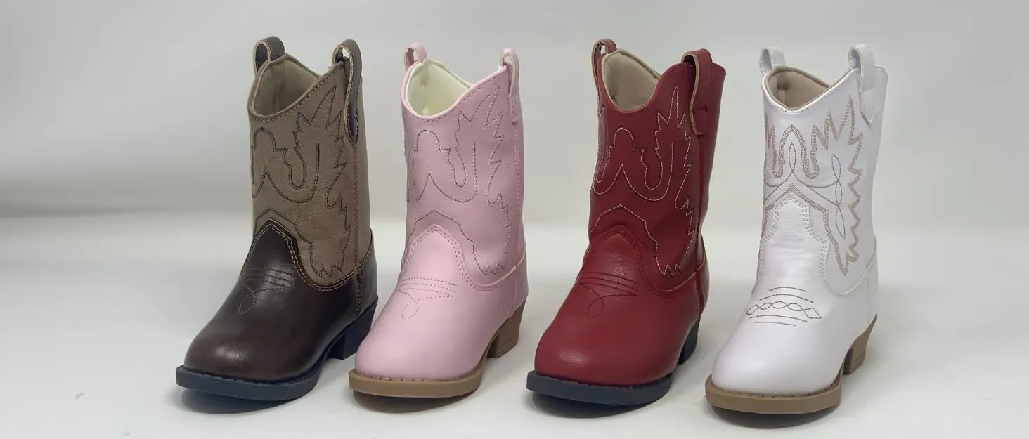 Baby Deer, Faux-leather, Rubber-soled, Kids Pointed Toe Western Boot for Boy or Girl Children with Ornamental Cowboy Stitching