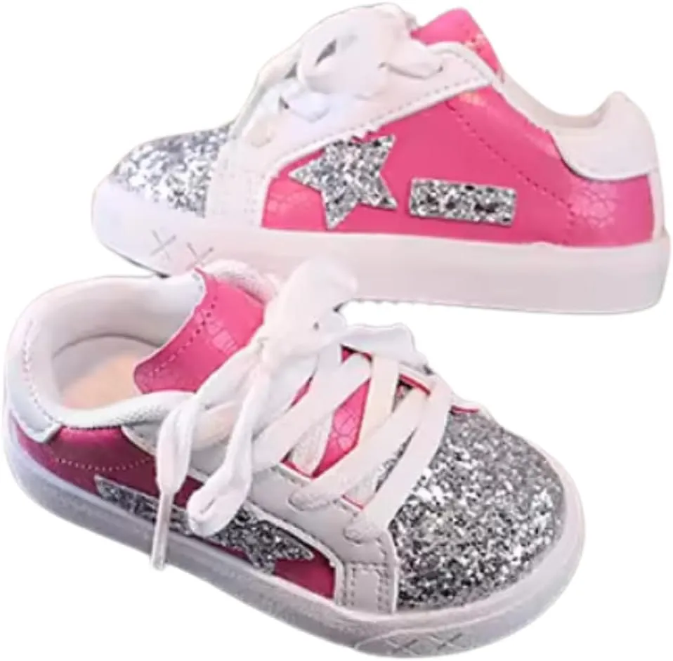 Baby Girls Shoes, Glitter Star Sneakers with Laces | Ages 2-5 y/o | Pink & Purple, Hot Pink, B&W