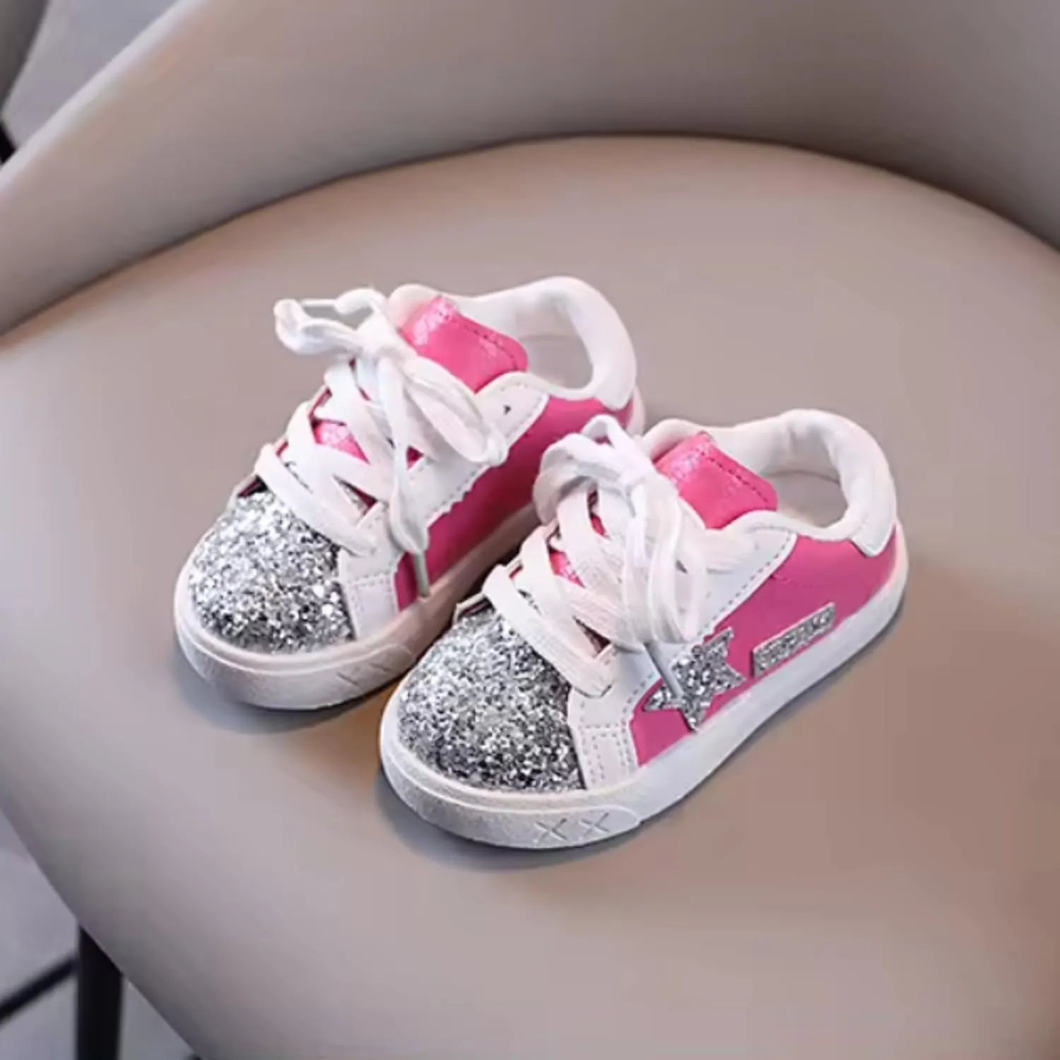 Baby Girls Shoes, Glitter Star Sneakers with Laces | Ages 2-5 y/o | Pink & Purple, Hot Pink, B&W