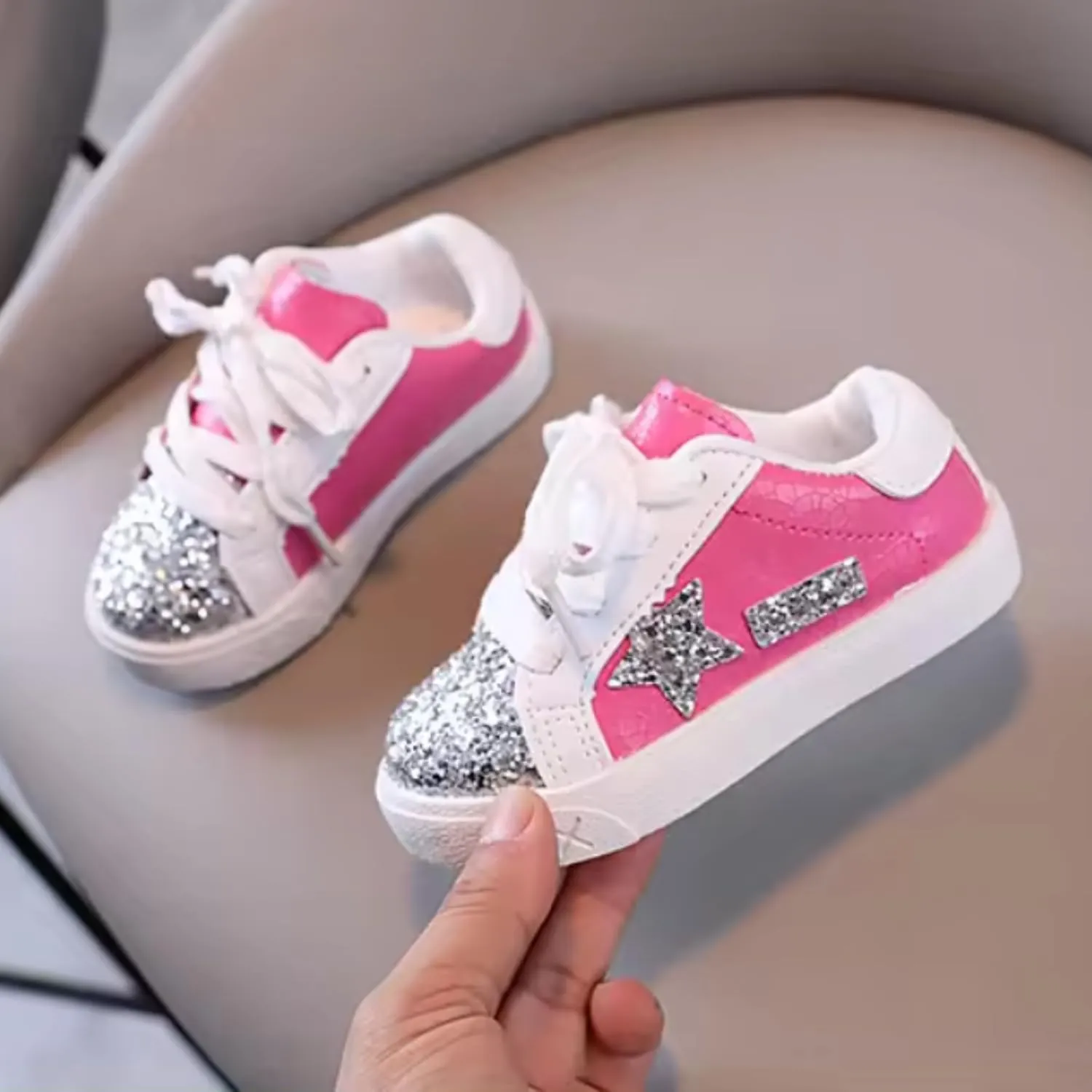 Baby Girls Shoes, Glitter Star Sneakers with Laces | Ages 2-5 y/o | Pink & Purple, Hot Pink, B&W