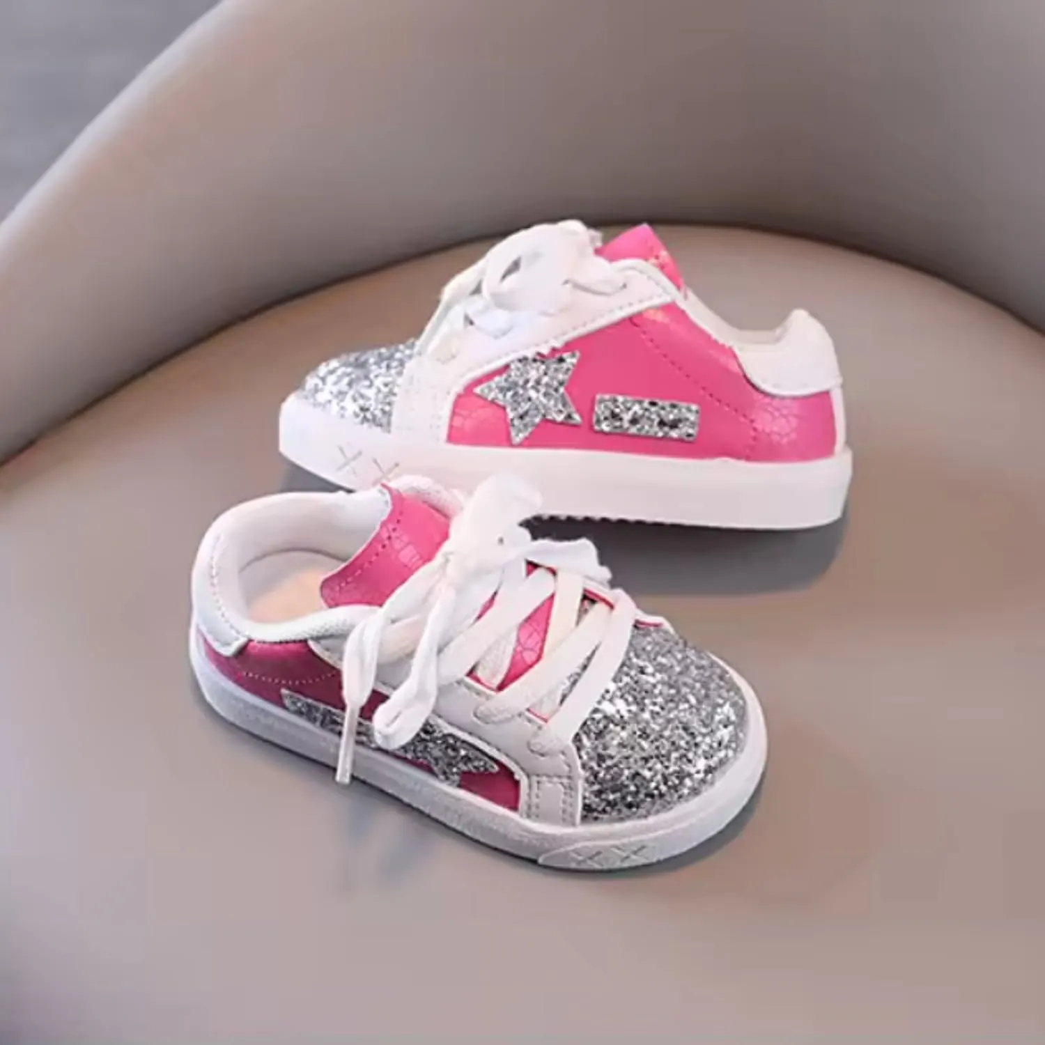 Baby Girls Shoes, Glitter Star Sneakers with Laces | Ages 2-5 y/o | Pink & Purple, Hot Pink, B&W