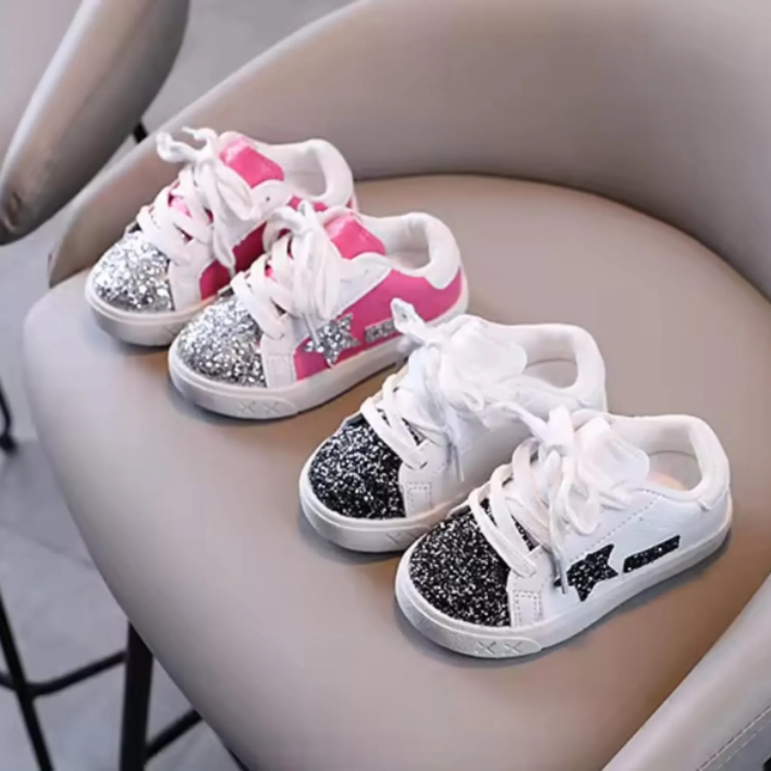 Baby Girls Shoes, Glitter Star Sneakers with Laces | Ages 2-5 y/o | Pink & Purple, Hot Pink, B&W