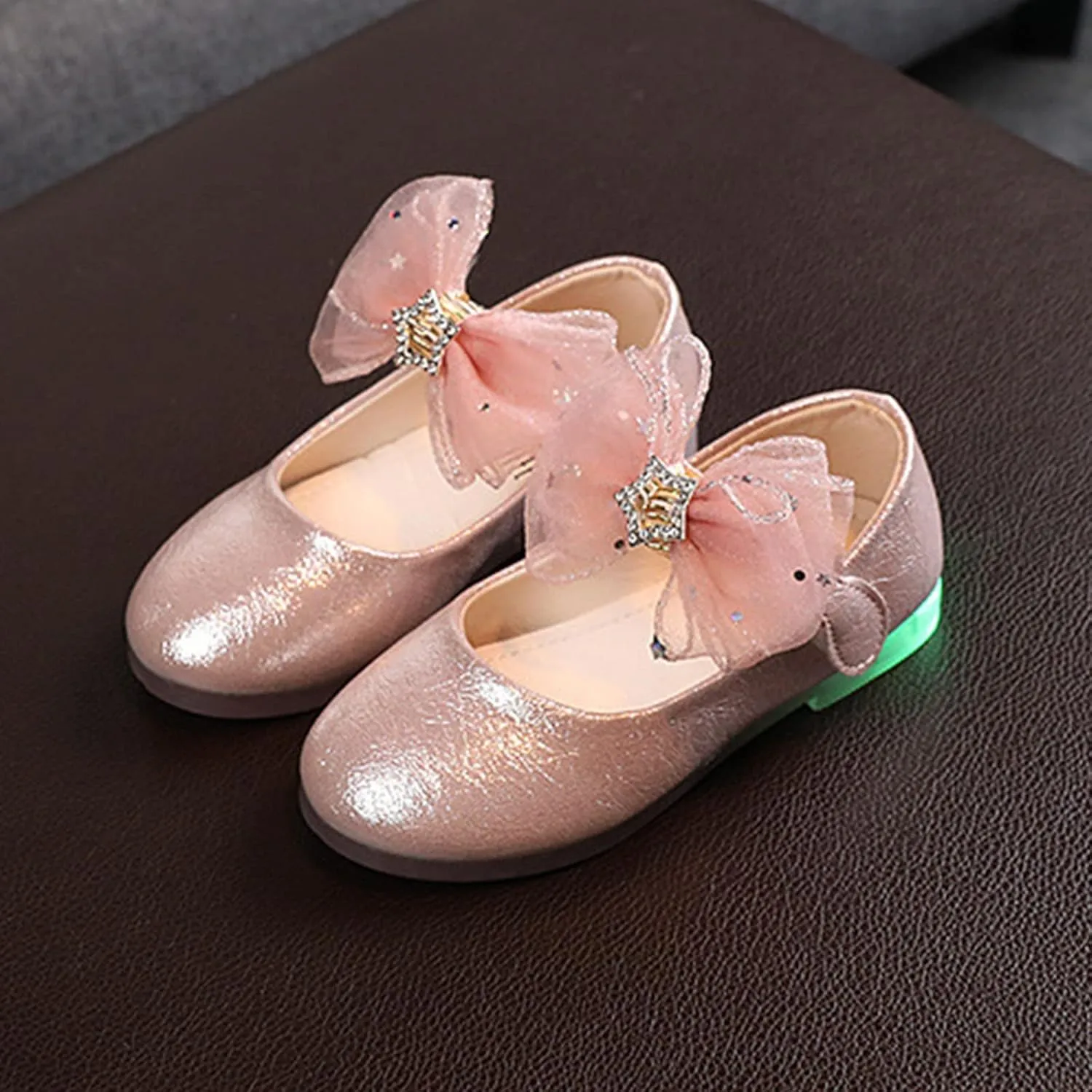 Baby Girls Shoes Tulle Bow Flats Shoes Girls School Decor Textured Hook Loop Heel Rhinestone