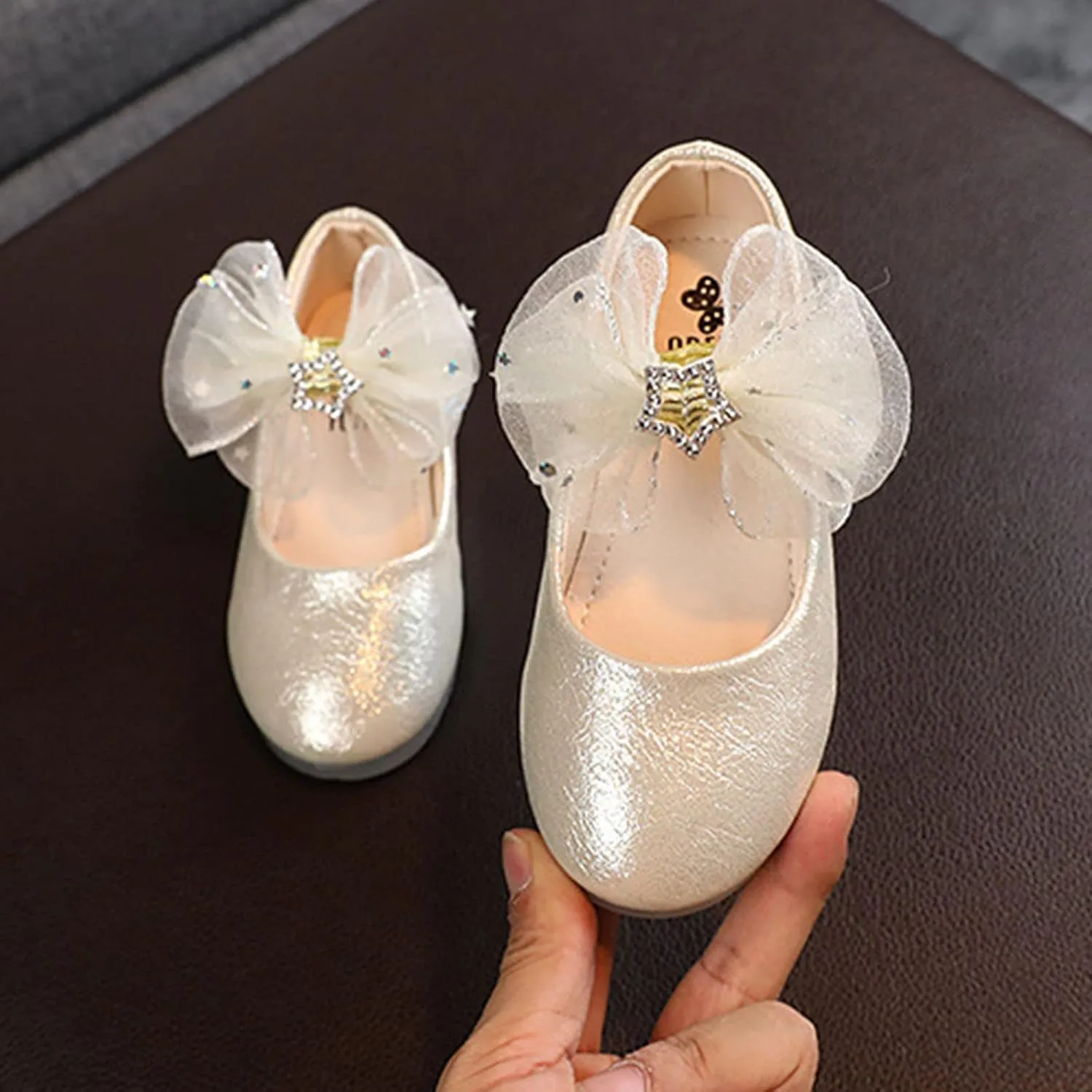 Baby Girls Shoes Tulle Bow Flats Shoes Girls School Decor Textured Hook Loop Heel Rhinestone
