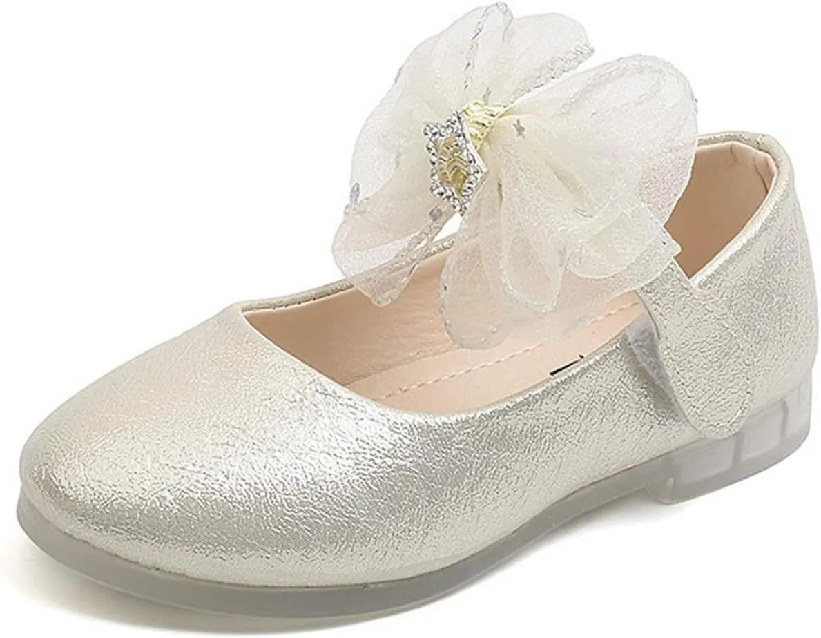 Baby Girls Shoes Tulle Bow Flats Shoes Girls School Decor Textured Hook Loop Heel Rhinestone