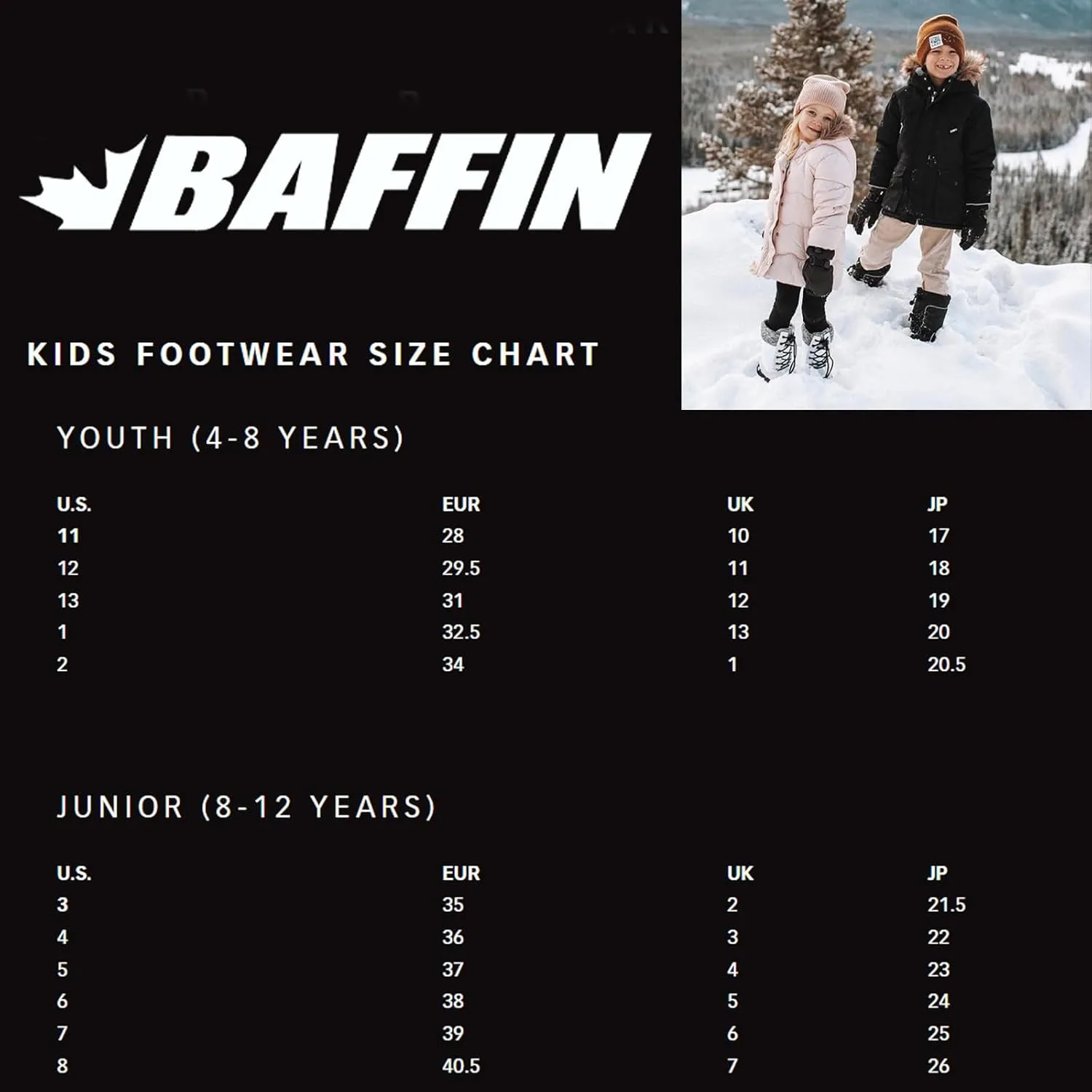Baffin Unisex Kids' Junior AVERY Waterproof Insulated Comfort-Fit Multi-Layer Mid-Calf Lace-Up Snow Boots, Arctic Rubber Base