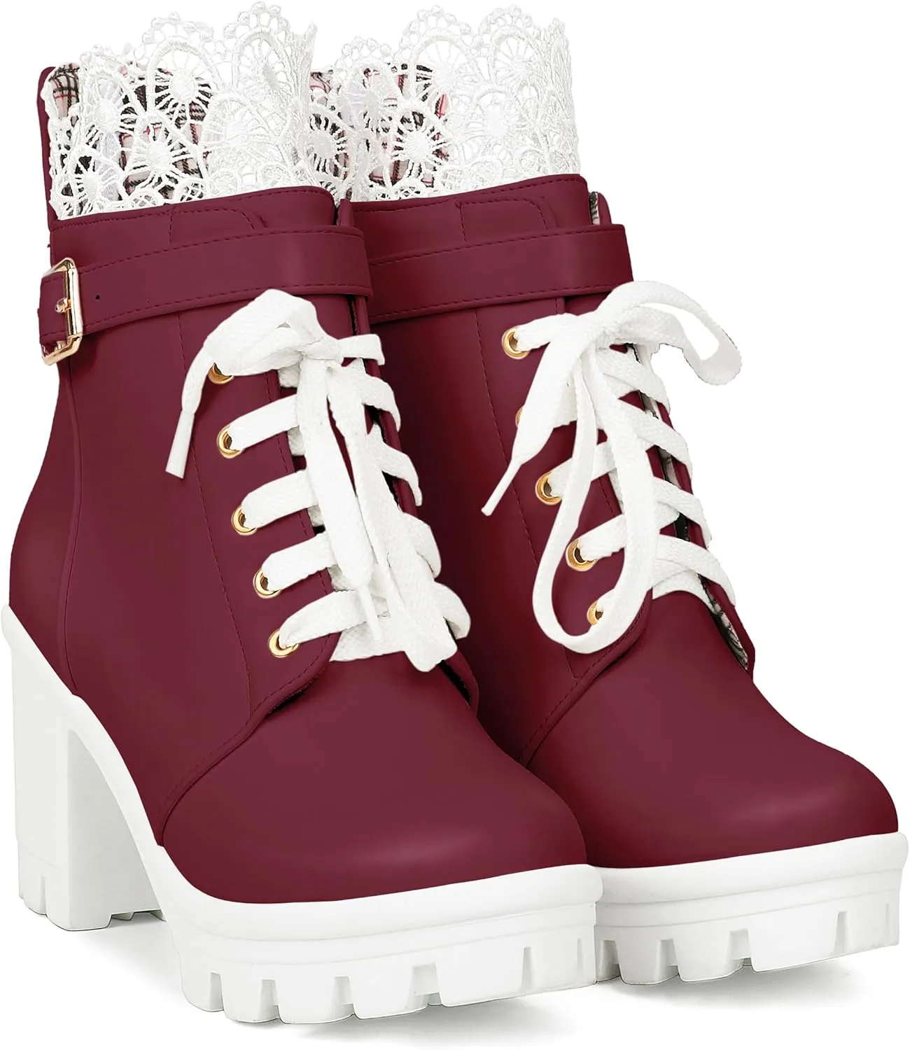 BEAUPAS Women's Chunky Platform High Heel Boots Lace Up Gothic Ankle Booties Block Heel Buckle Punk Shoes