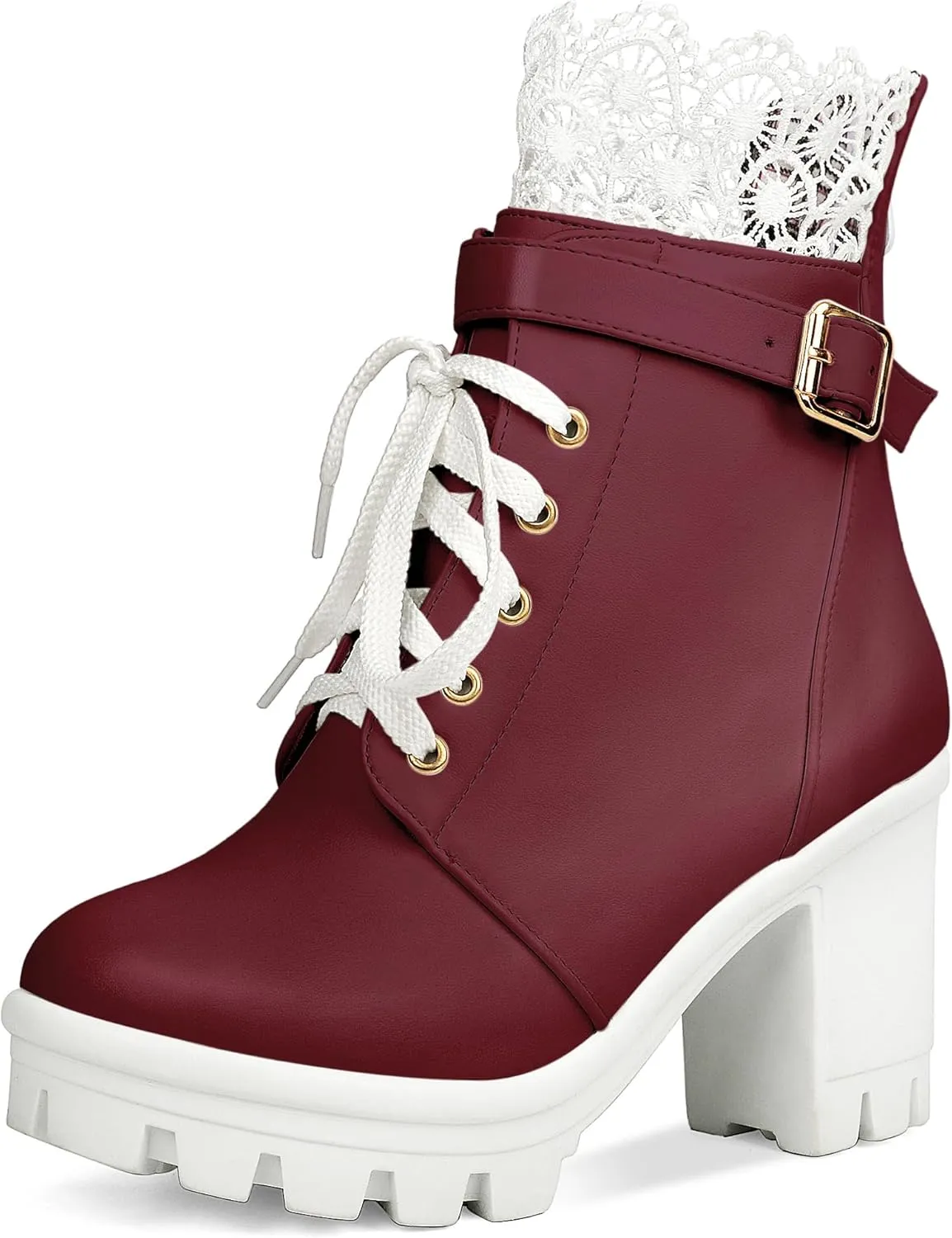 BEAUPAS Women's Chunky Platform High Heel Boots Lace Up Gothic Ankle Booties Block Heel Buckle Punk Shoes