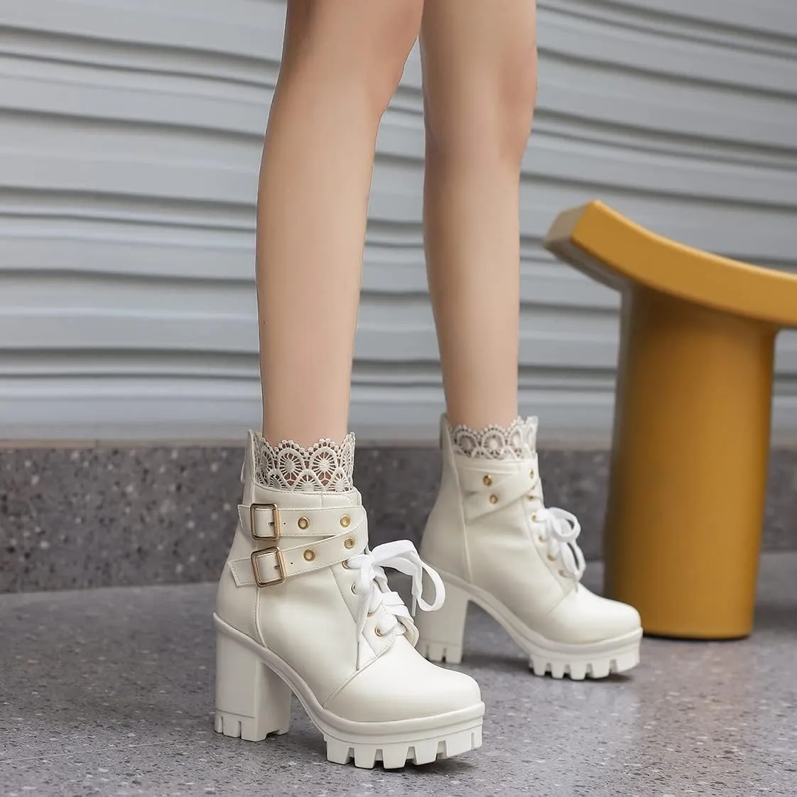 BEAUPAS Women's Chunky Platform High Heel Boots Lace Up Gothic Ankle Booties Block Heel Buckle Punk Shoes