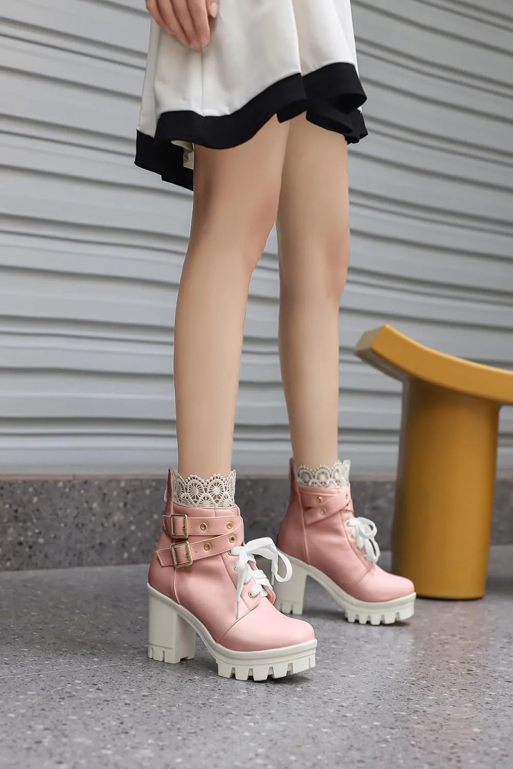 BEAUPAS Women's Chunky Platform High Heel Boots Lace Up Gothic Ankle Booties Block Heel Buckle Punk Shoes