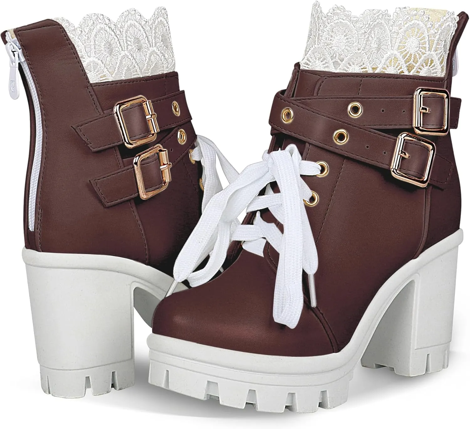 BEAUPAS Women's Chunky Platform High Heel Boots Lace Up Gothic Ankle Booties Block Heel Buckle Punk Shoes