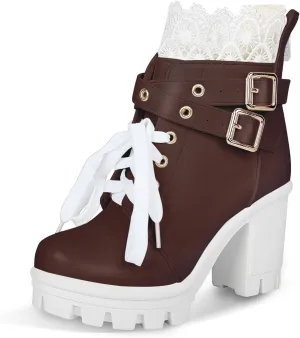 BEAUPAS Women's Chunky Platform High Heel Boots Lace Up Gothic Ankle Booties Block Heel Buckle Punk Shoes