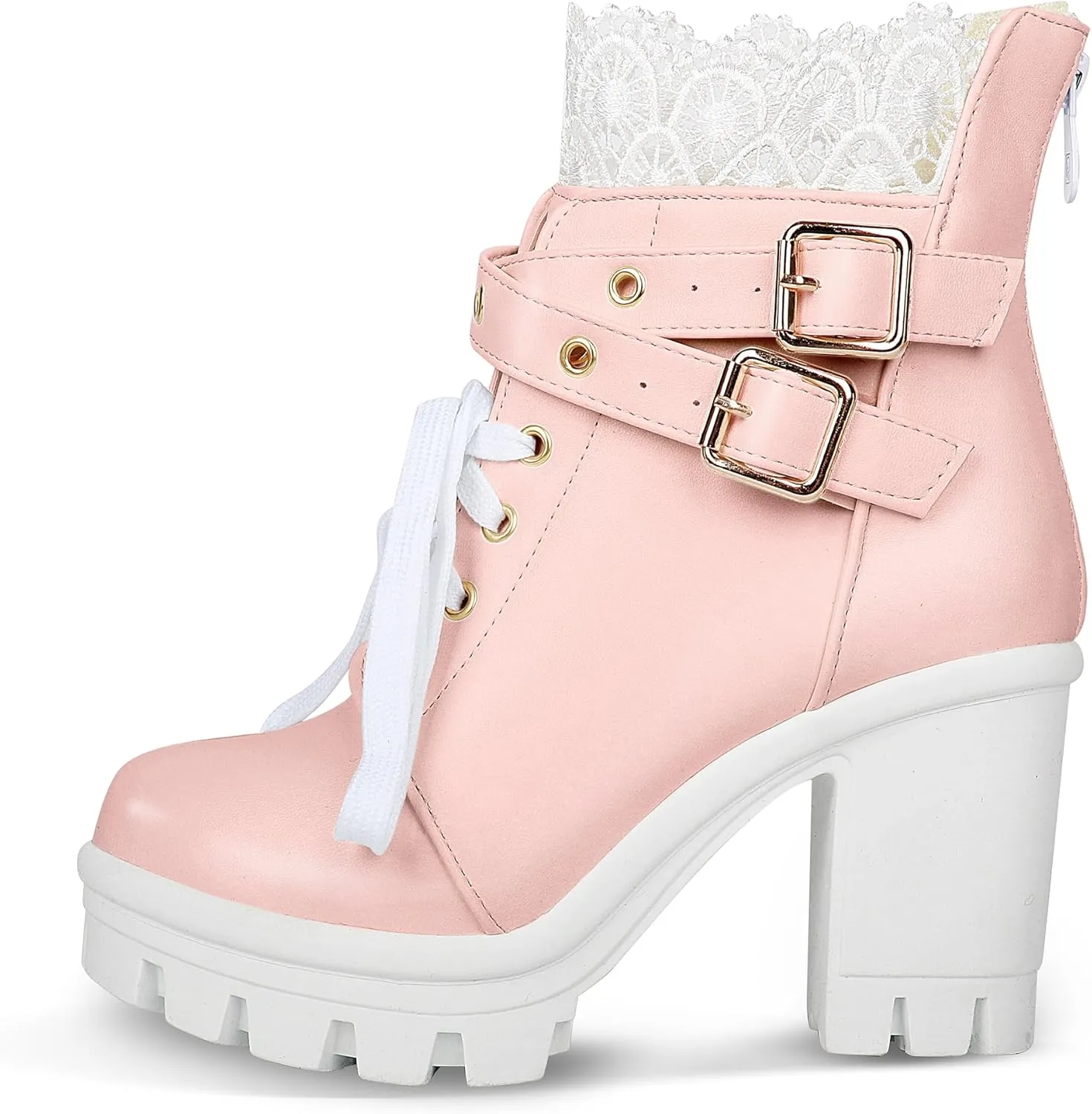 BEAUPAS Women's Chunky Platform High Heel Boots Lace Up Gothic Ankle Booties Block Heel Buckle Punk Shoes