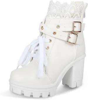 BEAUPAS Women's Chunky Platform High Heel Boots Lace Up Gothic Ankle Booties Block Heel Buckle Punk Shoes