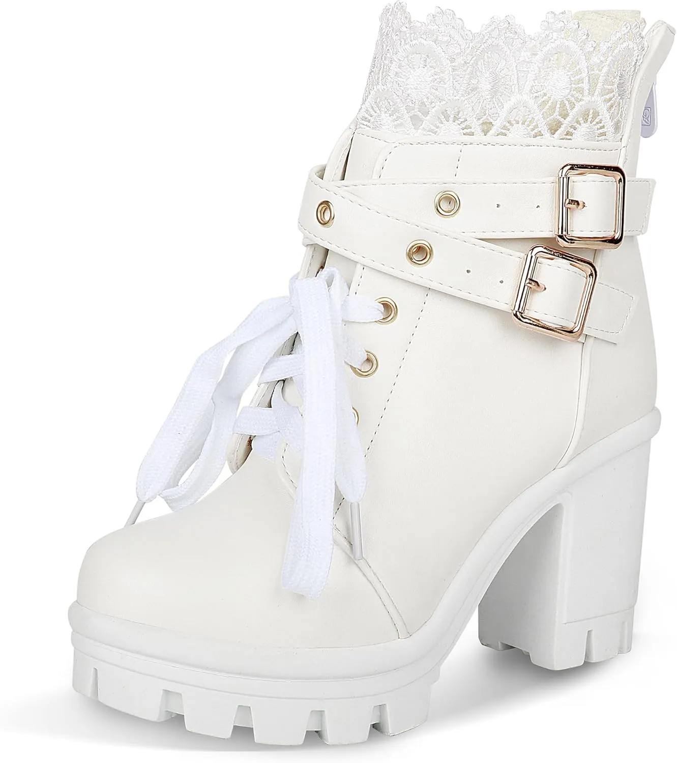BEAUPAS Women's Chunky Platform High Heel Boots Lace Up Gothic Ankle Booties Block Heel Buckle Punk Shoes