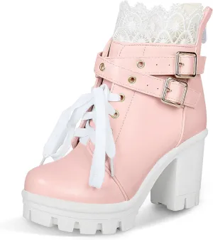 BEAUPAS Women's Chunky Platform High Heel Boots Lace Up Gothic Ankle Booties Block Heel Buckle Punk Shoes