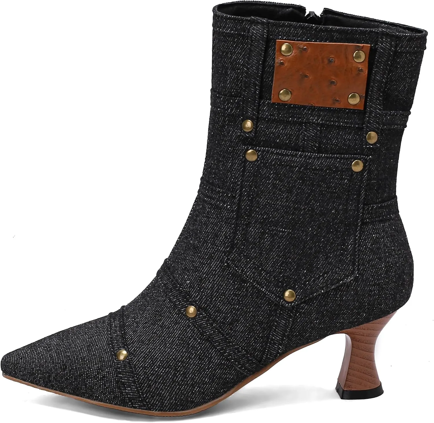 BEAUPAS Women's Denim Kitten Heel Boots Pointed Toe Low Heel Ankle Boots Chunky Vintage Zip Shoes