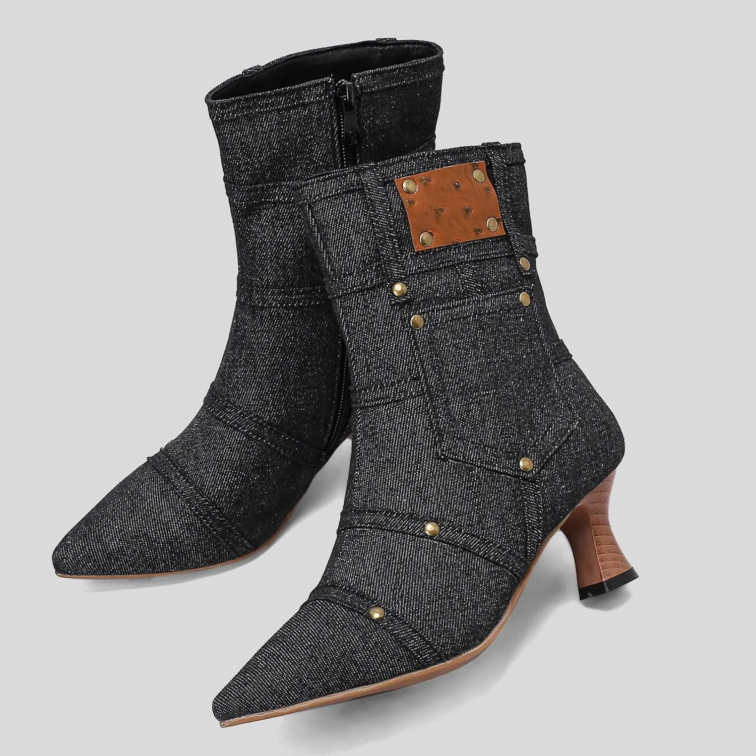 BEAUPAS Women's Denim Kitten Heel Boots Pointed Toe Low Heel Ankle Boots Chunky Vintage Zip Shoes