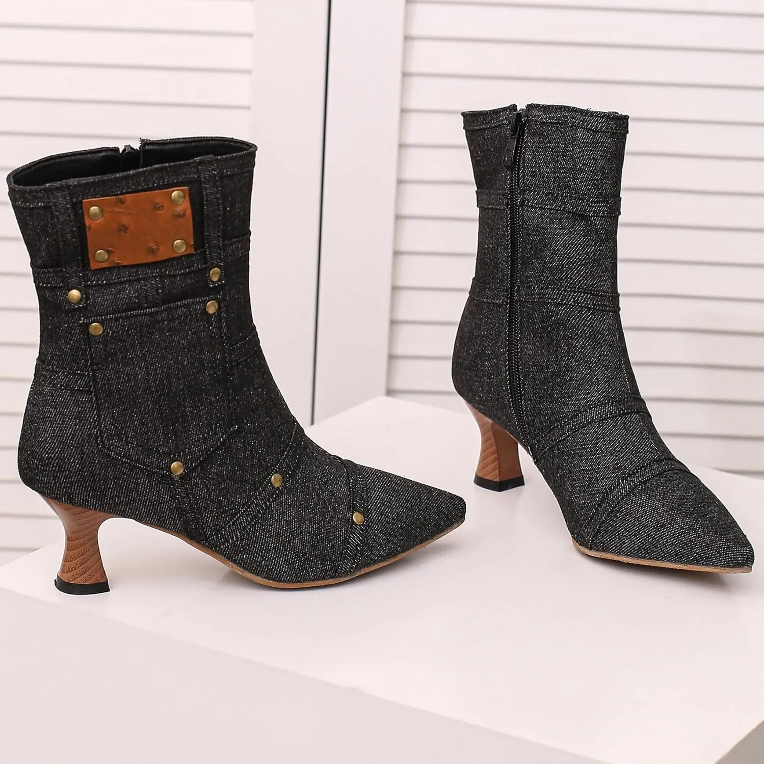 BEAUPAS Women's Denim Kitten Heel Boots Pointed Toe Low Heel Ankle Boots Chunky Vintage Zip Shoes