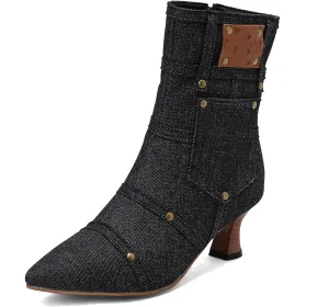 BEAUPAS Women's Denim Kitten Heel Boots Pointed Toe Low Heel Ankle Boots Chunky Vintage Zip Shoes