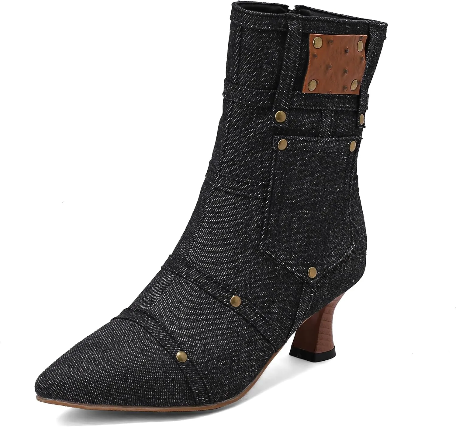 BEAUPAS Women's Denim Kitten Heel Boots Pointed Toe Low Heel Ankle Boots Chunky Vintage Zip Shoes