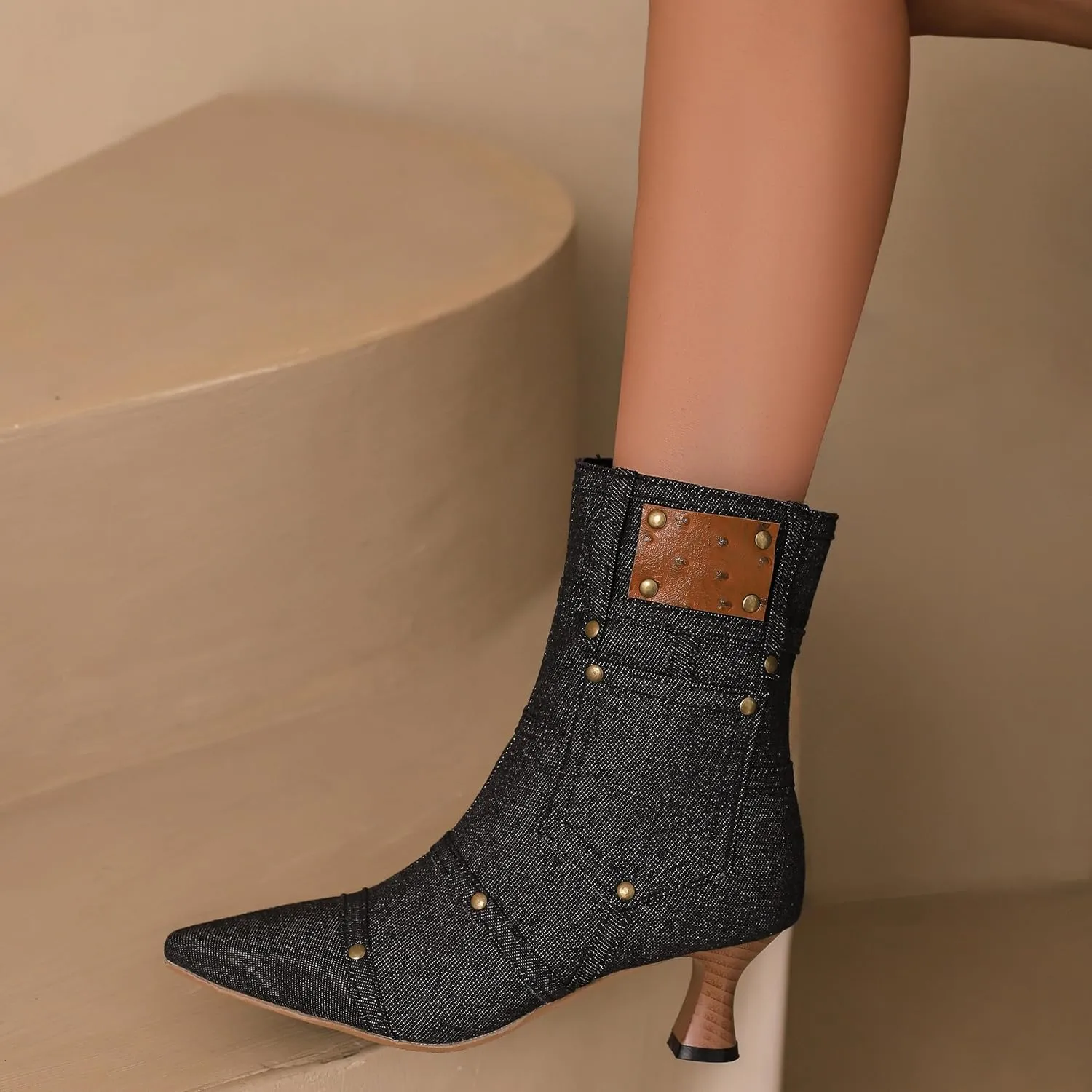 BEAUPAS Women's Denim Kitten Heel Boots Pointed Toe Low Heel Ankle Boots Chunky Vintage Zip Shoes