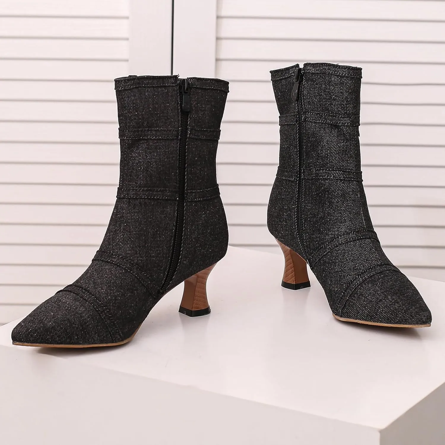 BEAUPAS Women's Denim Kitten Heel Boots Pointed Toe Low Heel Ankle Boots Chunky Vintage Zip Shoes